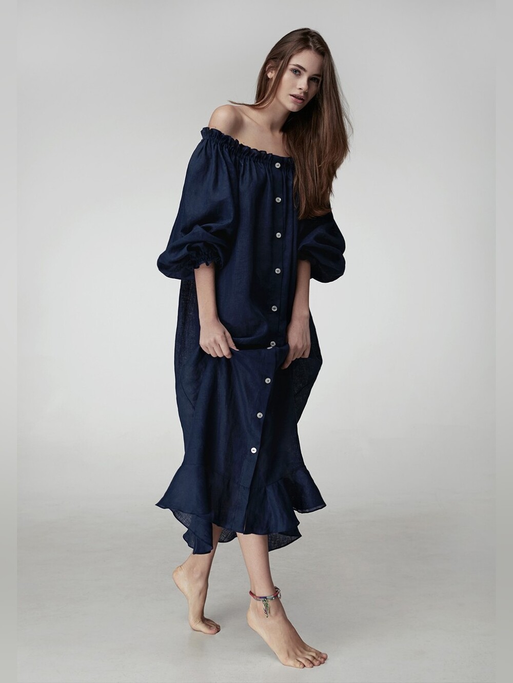 Sleeper 100% linen navy lounge dress, one size